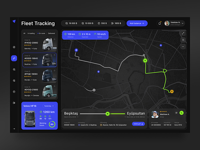 Logistat - Managing a Fleet of Trucks dashboard design driver fleet interface managing map mobile monitoring point road route tracking truck ui ux volvo web webdesign