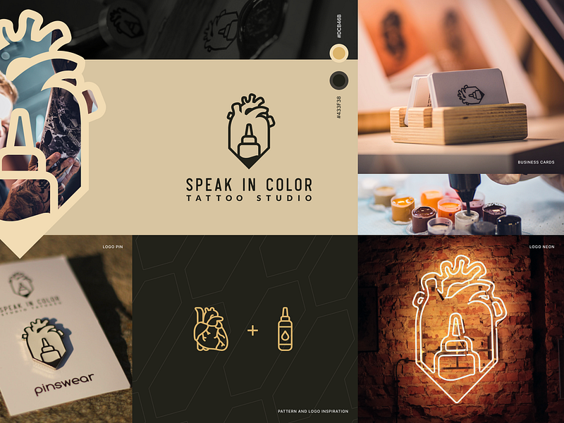 Speak in Color - Tattoo studio logo concept and usage artistic beauty black branding business card designer gold heart ink logo logo design neon design pin stationery studio tattoo