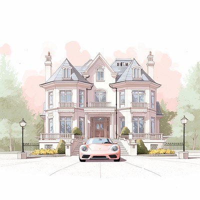 Pink house cartoon house illustration pink porsche rich sketch wealth