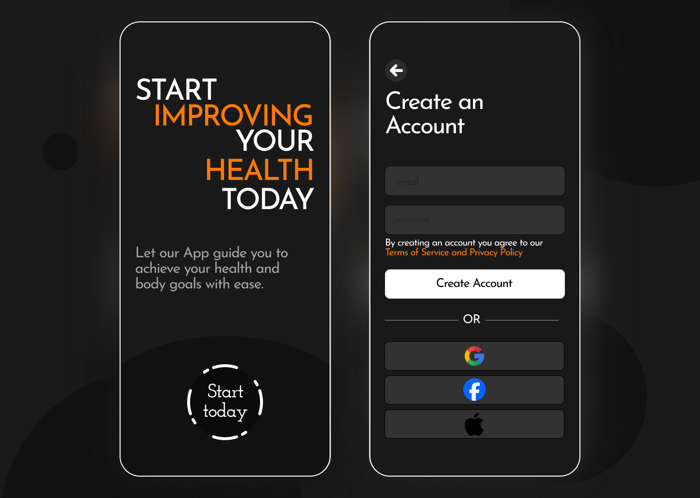 Mobile App - Start & Create Account app create account darkmode design fitness fitness app graphic design gym app health healthcare ios lifestyle login mobile mobile app mobile login modern modern app ui ux