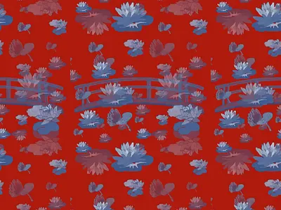 Water lilies. Print ,abstract on red background. drawn