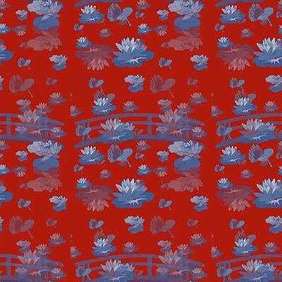 Water lilies. Print ,abstract on red background. drawn