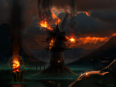🔥 atmospheric boy burning design fire firebender flame fog gay graphic design illustration landscape male photoshop poster queer smoke spooky tower windmill