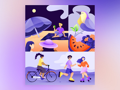 Is it summer yet? ☀️ 2d art backdrop beach beer birds cycling digital drawing gradient illustration people print procreate purple rollerskate sandbox summer sun watermelon