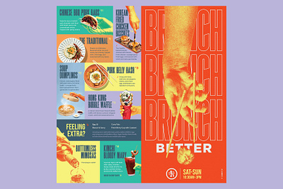Hawkers Brunch Menu asian branding brunch chinese chopsticks cocktails culinary dining drinks dumplings food halftone layout lunch menu photo manipulation photography print typography vivid