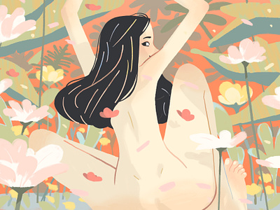 Lightness editorial illustration flowers girl illustration naked nature pants plants seduction