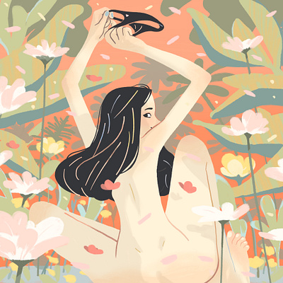 Lightness editorial illustration flowers girl illustration naked nature pants plants seduction