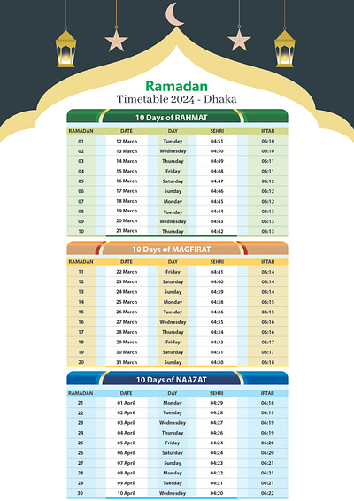 Ramadan Calendar Timetable 2024 Dhaka vector ramadan calendar design