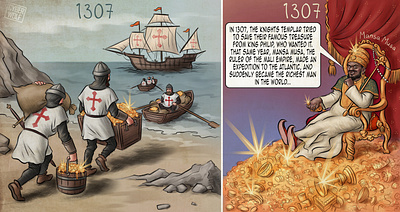 The fate of the Templars' treasure cartoon character design comics drawings graphic design illustration political cartoon