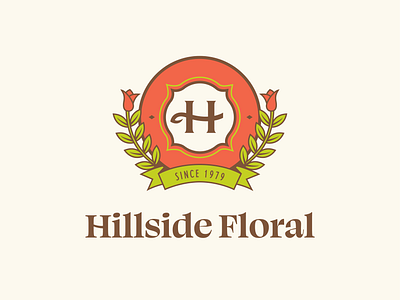 Hillside Floral Brand Identity badge banner bouquet brand identity branding crest floral flower shop graphic design illustration leaves logo mark monogram petals rose symbol vector