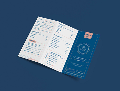 Restaurant tri-fold menu beach blue branding brochure graphic design print trendy