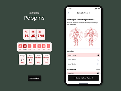 Fitness App - Generate New Workout accuracy activity level calories daily activity design system elements fitness fitness app generate multiple choice start workout typography ui weekly calendar workout