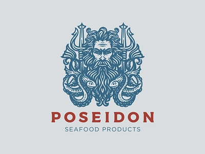 POSEIDON character engraving fish food god logo logotype man octopus poseidon sea tentacle trident