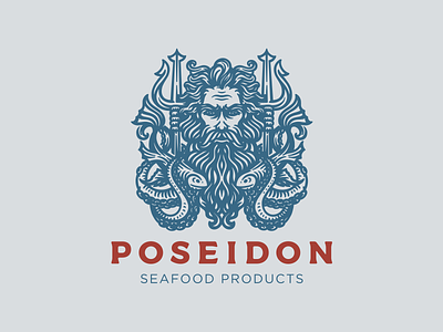 POSEIDON character engraving fish food god logo logotype man octopus poseidon sea tentacle trident