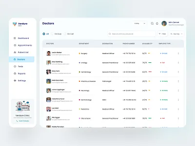 Doctor List Table - Clinic Management Software modern seamless ux. ui ux ux design