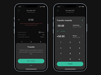 Transfer Instantly app cfd crypto dark mobile ui ux