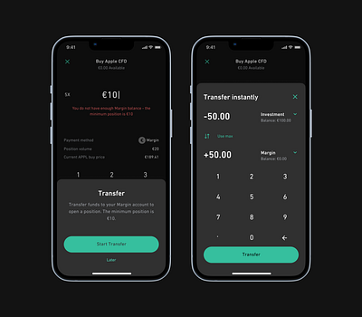 Transfer Instantly app cfd crypto dark mobile ui ux