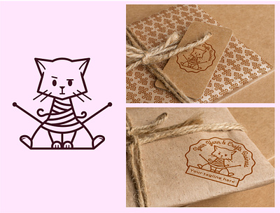 Annoyed Cat Yarn Crafts Logo for Sale annoyed artisan cat logo character confused crafts crochet fun funny handmade hobby knitting needles line art logo design mascot modern simple tangled tired yarn