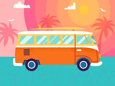 Summer Van aloha beach california camp cartoon design hawaii hippie holiday illustration palm summer sun surf surfing trip truck van vector