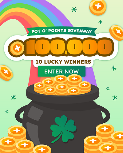 Pot 'O Points Giveaway coins giveaway graphicdesigns illustration marketing potofgold rainbow social stpatricksday