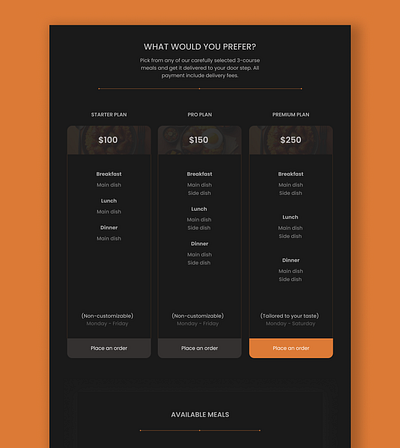 Spoony's Menu Pricing cards ui dark mode food interface design orange color pricing page ui ui cards ui design uiux