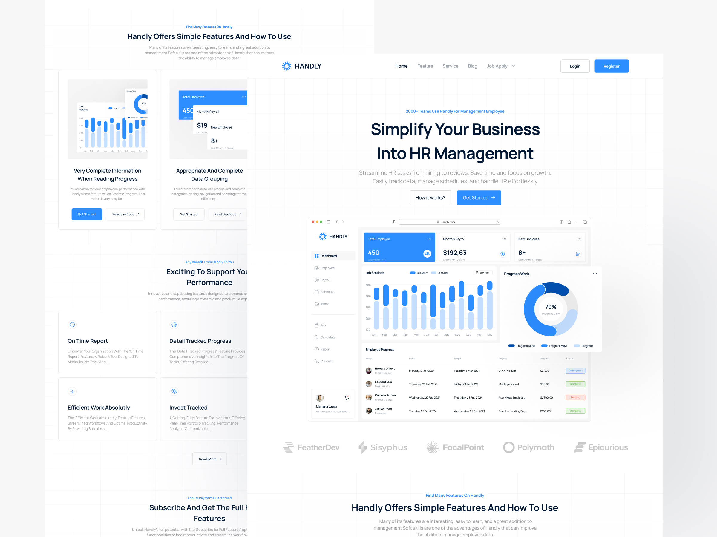 Handly - HR Management SaaS Landing page analytic branding clean clean design de employee progress hr management human resource modern saas saas hr management statistic track employee ui ui landing page ui saas ui website uiux ux website