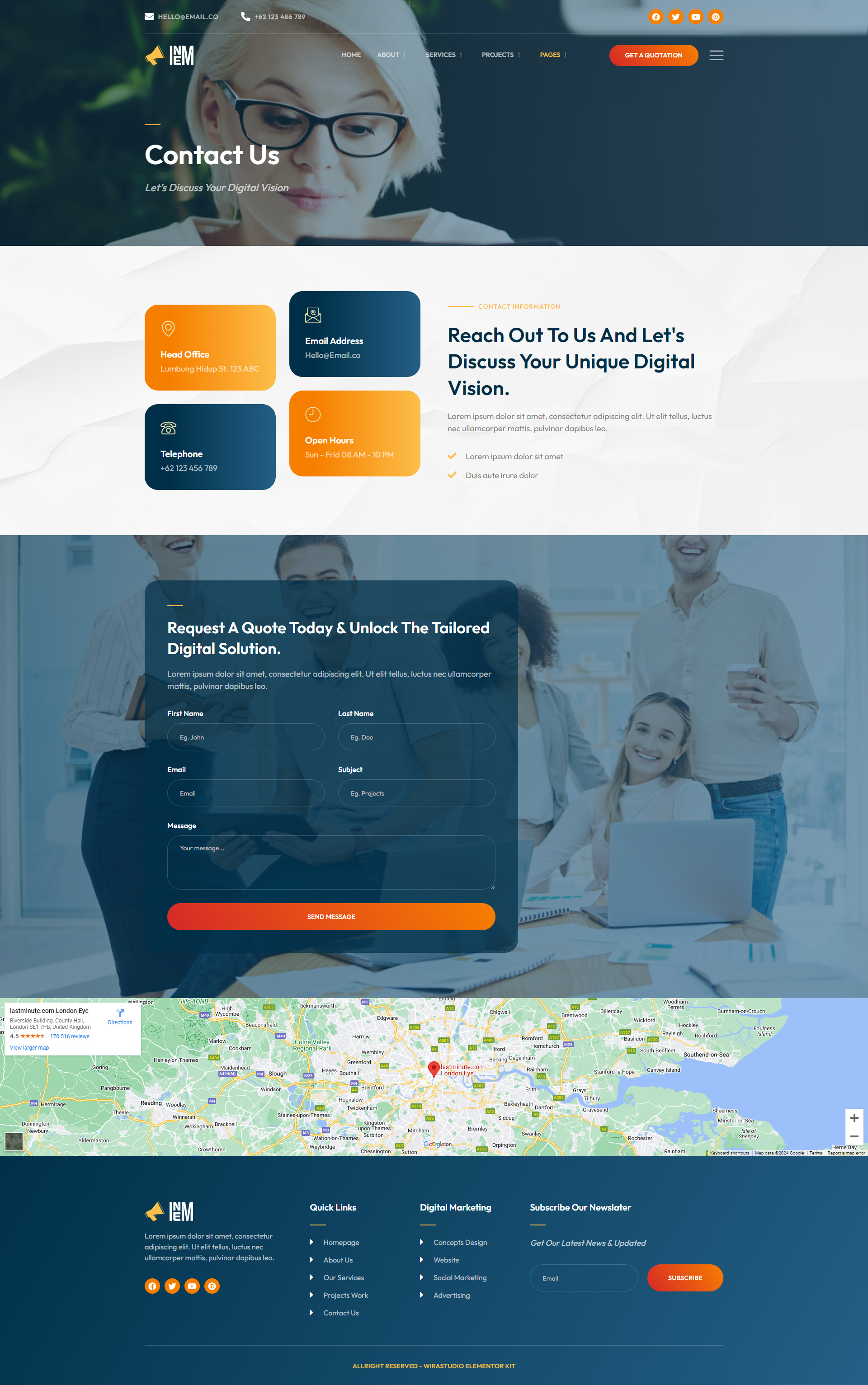 Contact Information For Digital Marketing Agency Website Design contact form contact information contact page contact us design elementor template kit elementor ui design map ui uidesign uikits uiux webdesign website design