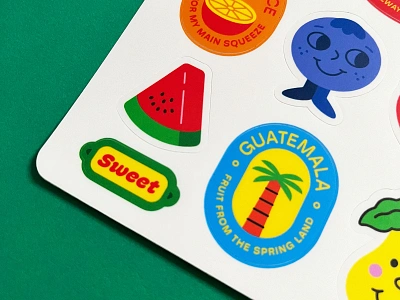 Fruit Sticker Sheet pt.I blueberry branding character colorful cute design fruit fun graphic design guatemala icon illustration logo palm tree pear print sheet sticker stickers watermelon