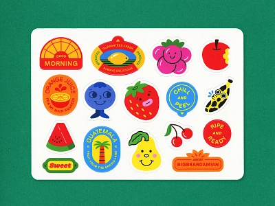 Fruit Sticker Sheet pt.II apple banana blueberry cherries design fruit grapes graphic design icon illustration lemon logo orange pear sheet sticker stickers strawberry sun watermelon