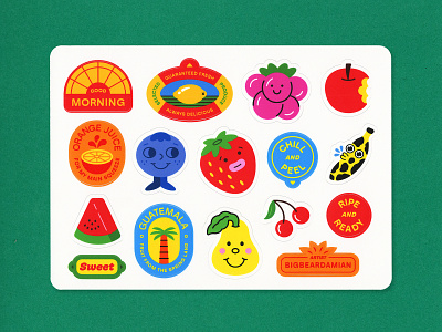 Fruit Sticker Sheet pt.II apple banana blueberry cherries design fruit grapes graphic design icon illustration lemon logo orange pear sheet sticker stickers strawberry sun watermelon