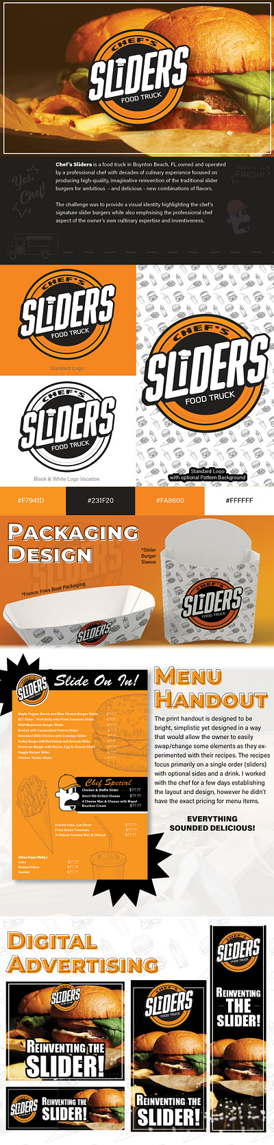 Chef's Sliders (Food Truck) - Branding branding burger burgers chef culinary design fast food food food truck freelance graphic design kitchen logo logo design logo insporation lunch orange slider sliders style guide