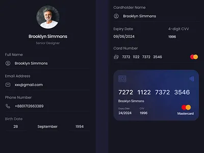 Finance App - Profile and Card Screen bank bank app banking app banking app design banking finance app credit card dark mobile design dark theme dark ui finance app finance profile fintech fintech app mobile app mobile app design mobile design profile screen ui ux