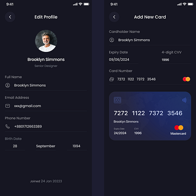 Finance App - Profile and Card Screen bank bank app banking app banking app design banking finance app credit card dark mobile design dark theme dark ui finance app finance profile fintech fintech app mobile app mobile app design mobile design profile screen ui ux