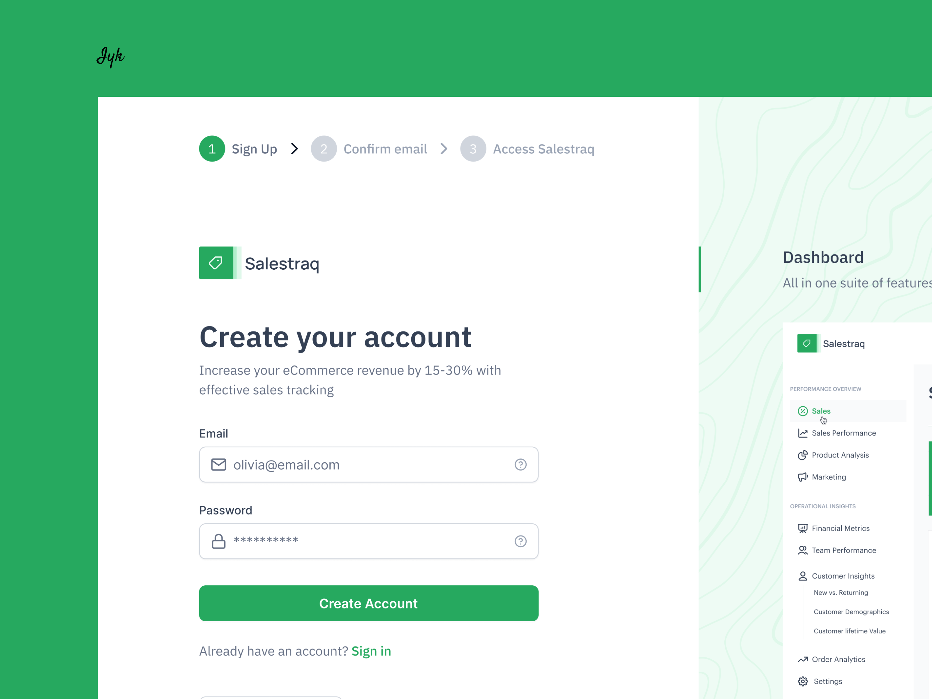 Salestraq Sign-up Design create account dashboard sign up patterns saas sales sign up ui