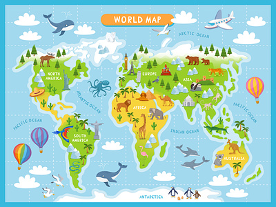 World map. Illustration. adobe illustrator animals art attractions cartoon childish childrens design illustration map travel vector world map