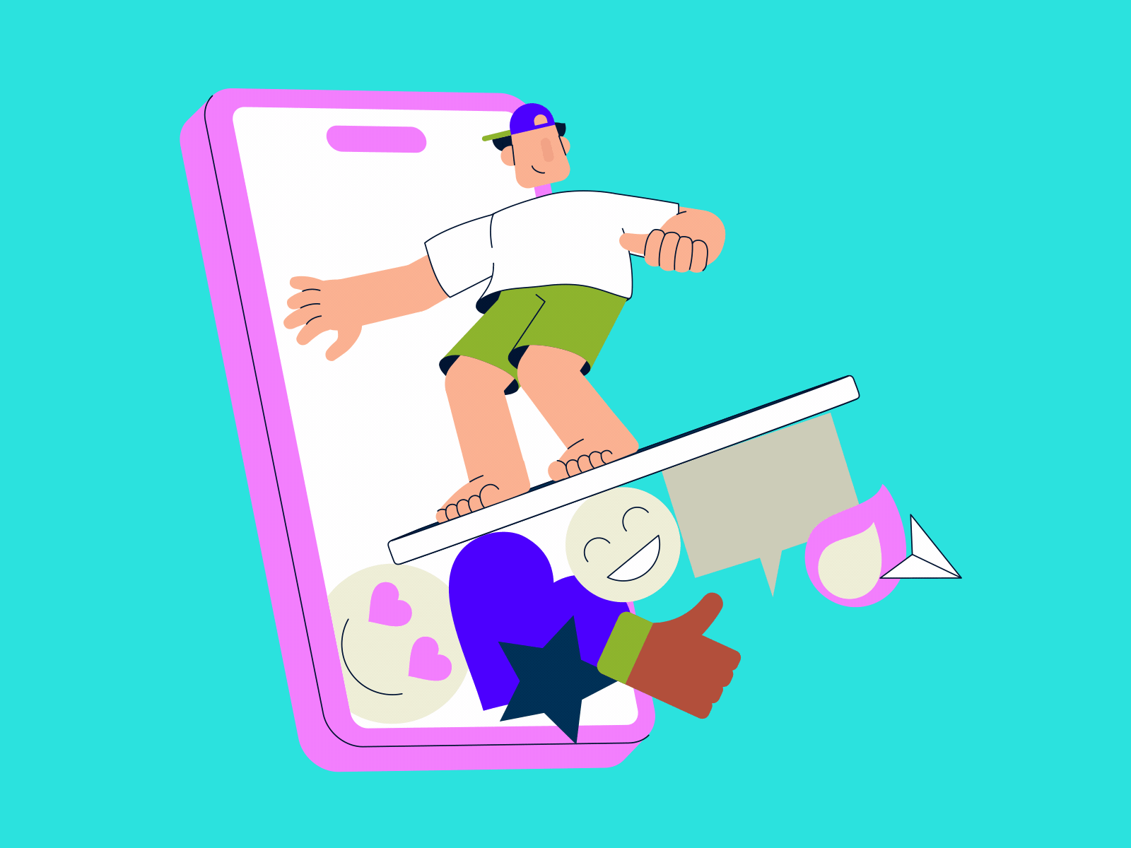 Man on a surfboard conquers social media 2d animation blogger character comment content creator feedback gadget illustration influencer internet like man man surfing messages motion graphics smartphone screen social network ui ux