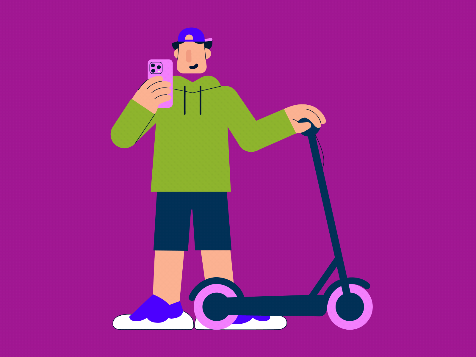 Man with scooter taking a photo 2d ae animation boy casual clothes character gif happy illustration laughing man motion graphics phone scooter taking photo taking selfie teenager transportation using phone vehicle