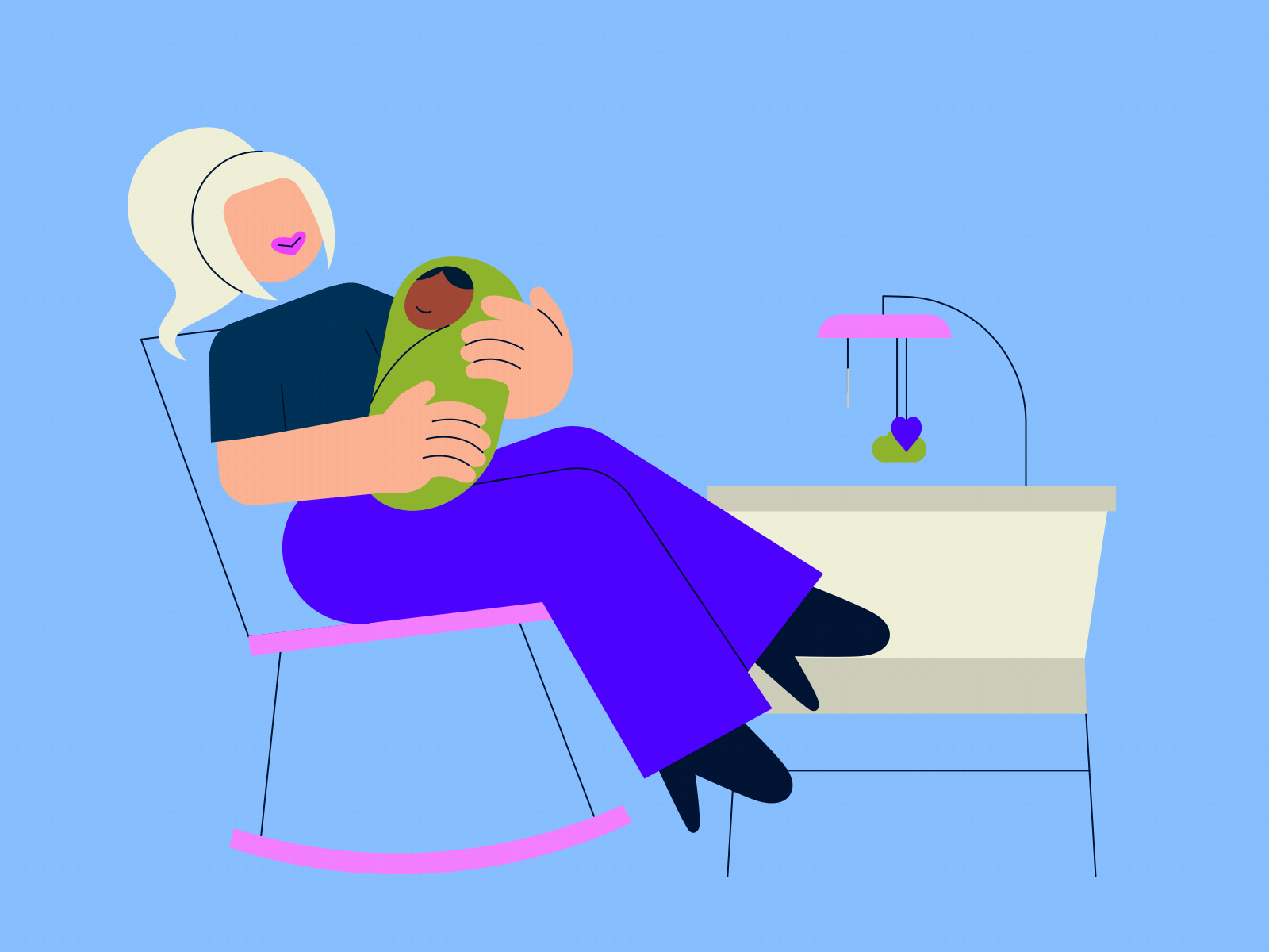 Woman cradling a baby 2d animation armchair baby baby mobile cradling crib gif illustration infant mom mother and child motherhood motion graphics newborn nursery sitting sleeping toy woman