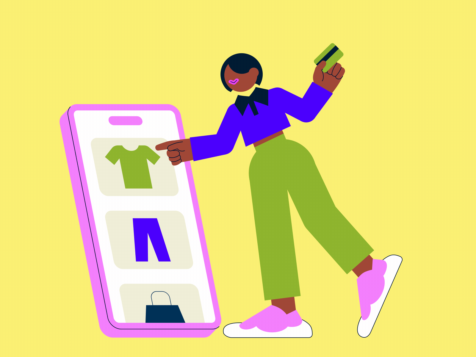 Woman is doing mobile shopping 2d animation buying online change clothes choosing clothes credit card e commerce fashion happy illustration mobile shopping motion graphics online purchase online shop phone screen scrolling smartphone t shirt woman