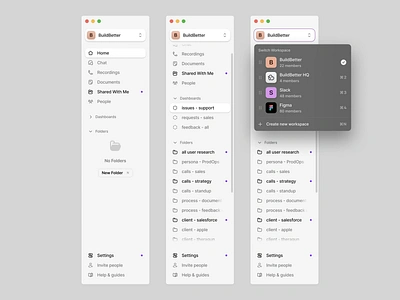 BuildBetter - navigation dashboard sidebar v2 - light theme ai app buildbetter clean components dashboard design design system dropdown interface light theme menu minimal navigation product design sidebar ui ui design user interface ux