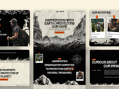 Jagabumi - Environmental Organization Landing Page cream duotone enironment illustration landing page map mountain nature orange organization paper polaroid topographic ui ux