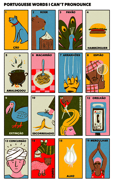 Loteria-Style Words I can't Pronounce funny illustrated cards illustration loteria mexican portugal portuguese