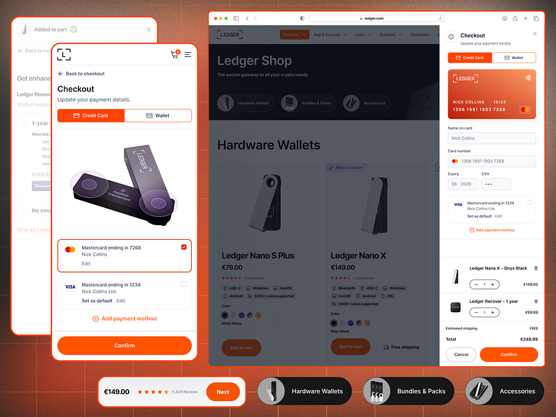 Ledger Checkout — #002 app cart checkout crypto design gradient grain mastercard noise pay payment responsive ui ux visa