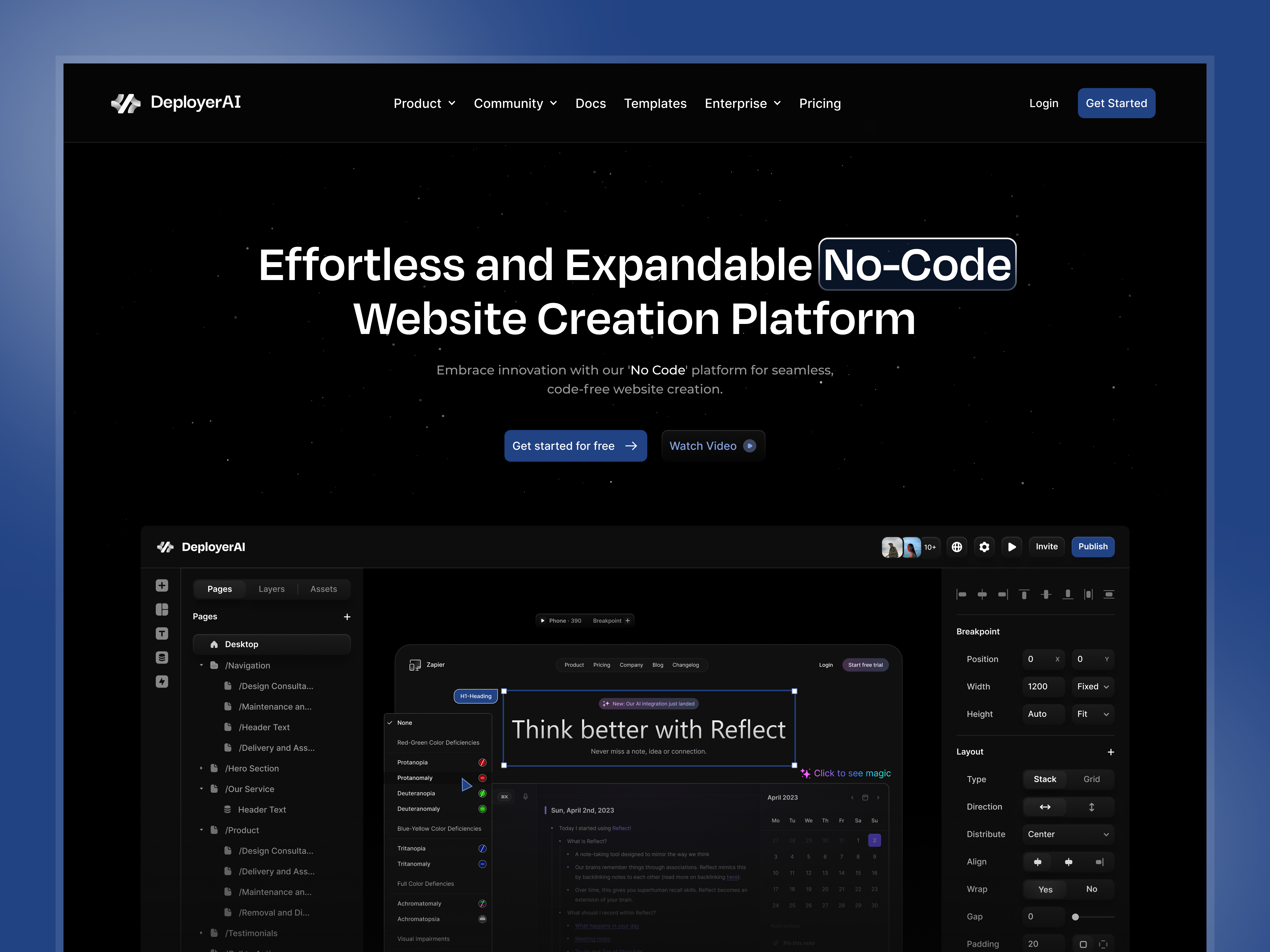 DeployerAI - Nocode Platform Landing Page builder builder tool code dark theme elementor landing page low code minimal no code no code development no code landing page no code website user interface web build web builder no code web design webflow website builder website builder tool