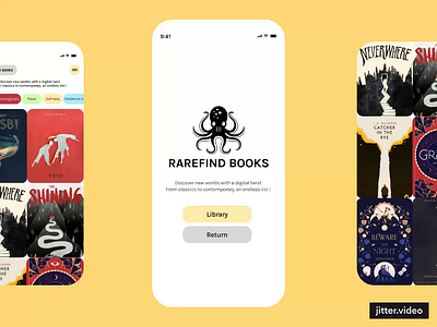 Rarefind Books- A Digital Library UI Design animation app design books figma jittr library libraryapp motion graphics ui ui design ux uxui