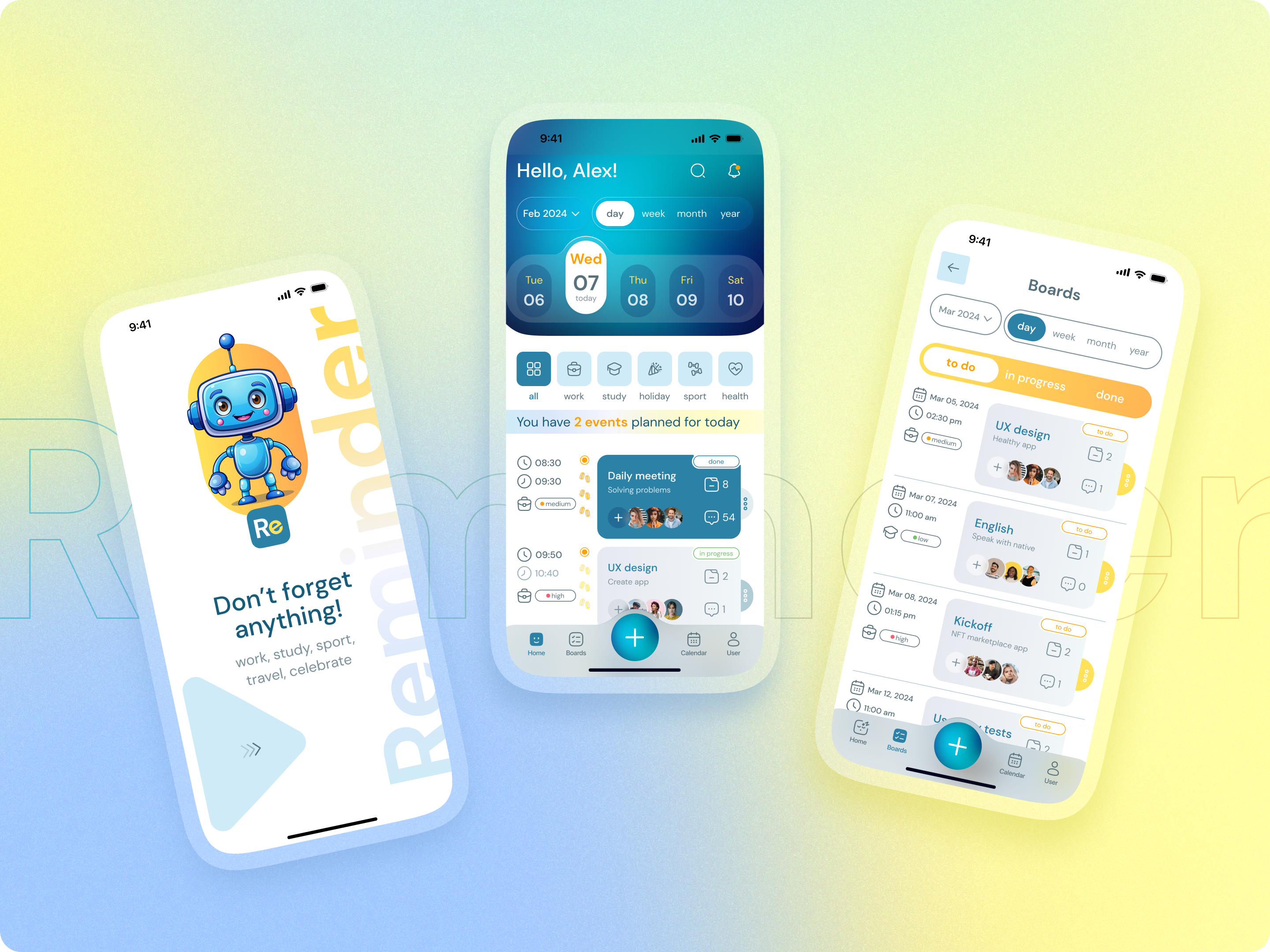 Calendar mobile app for events/tasks (Reminder) animation app calendar chat design event manager graphic design interface ios manager mobile product design re reminder robot task ui uiux user interface web