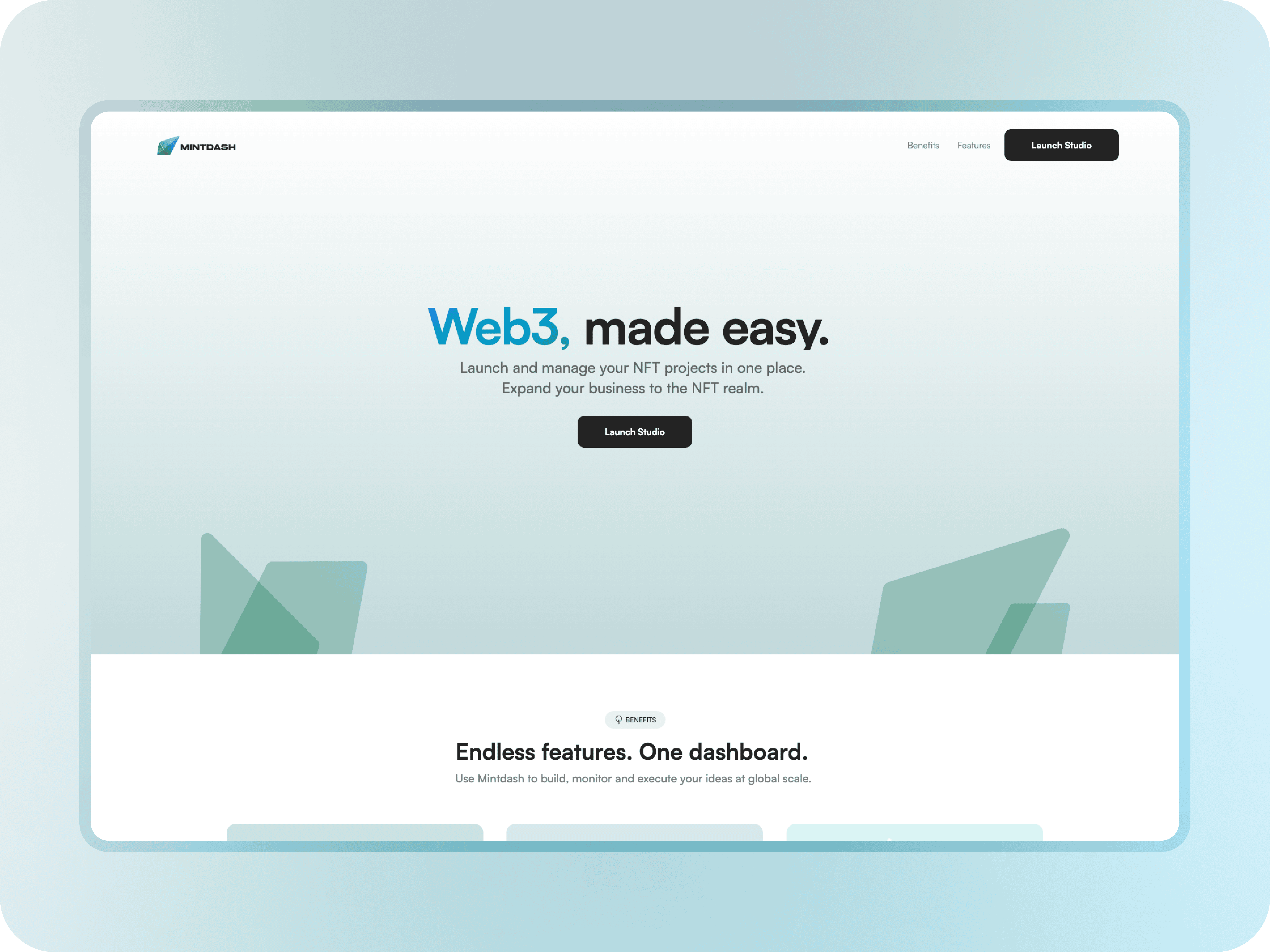Landing page for Mintdash: Web3 made easy blue dashboard design gradient green landing product ui
