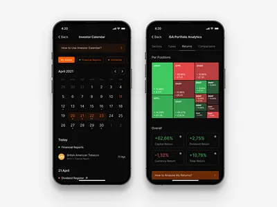 Investor Calendar & Portfolio Analytics app calendar chart crypto fintech mobile stocks ui