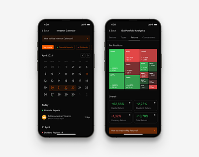 Investor Calendar & Portfolio Analytics app calendar chart crypto fintech mobile stocks ui