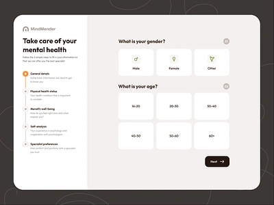 Mental Health - onboarding questionnaire animation apiko app clickable design form illustration mental mentalhealth onboarding orange prototype questionnaire selecter step steps ui ux